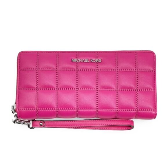 NWT Michael Kors Women's Large Quilted Vegan Leather Zip Around Wallet Pink - Picture 2 of 13